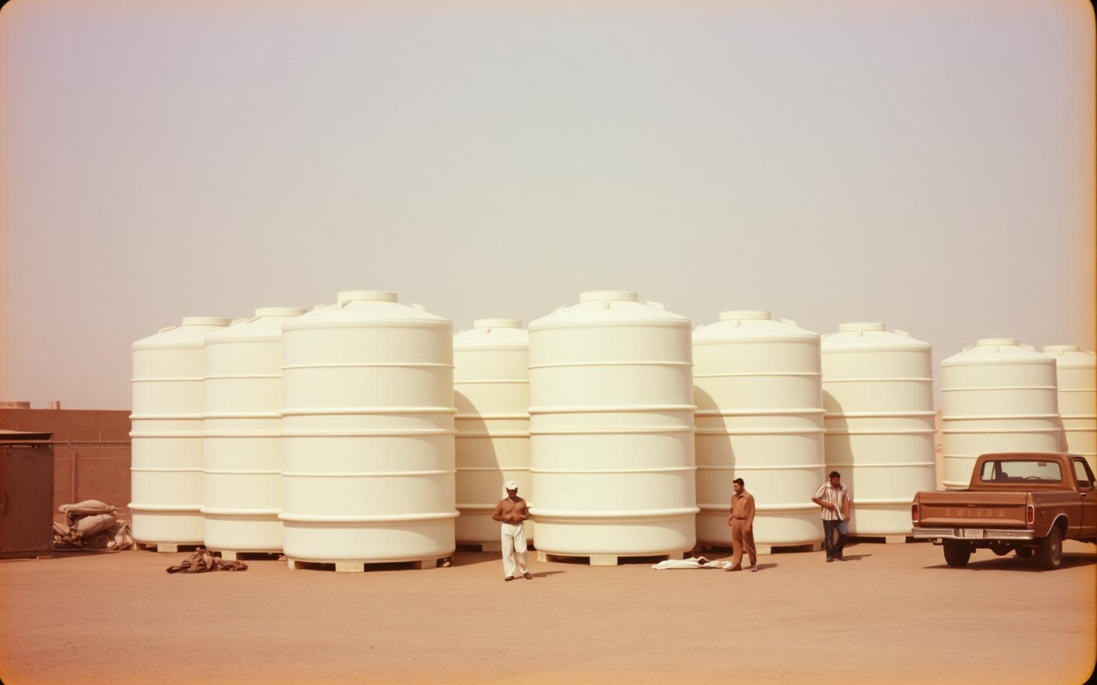 Al Hussaini factory yard with fiberglass tanks, Al Khobar, circa 1975